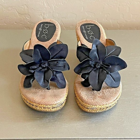 Born Concept BOC 6 Black Leather Flower Platform Wedge Thong Sandals - Picture 2 of 12
